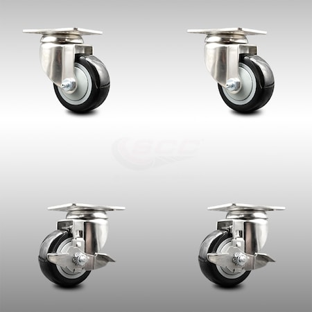 Service Caster 3.5 Inch 316SS Black Polyurethane Wheel Swivel Top Plate Caster Brakes SCC, 2PK SCC-SS31620S3514-PPUB-BLK-2-TLB-2